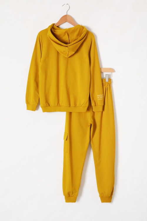 Hardal Yazı Baskılı Kapüşonlu Hırkalı Erkek Çocuk Eşofman Takımı 18562