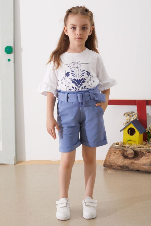 İndigo Çiçek Baskılı Kuşaklı Şortlu Kız Çocuk Takım 18898