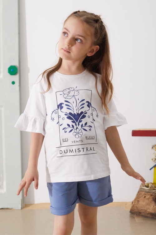 İndigo Çiçek Baskılı Kuşaklı Şortlu Kız Çocuk Takım 18898