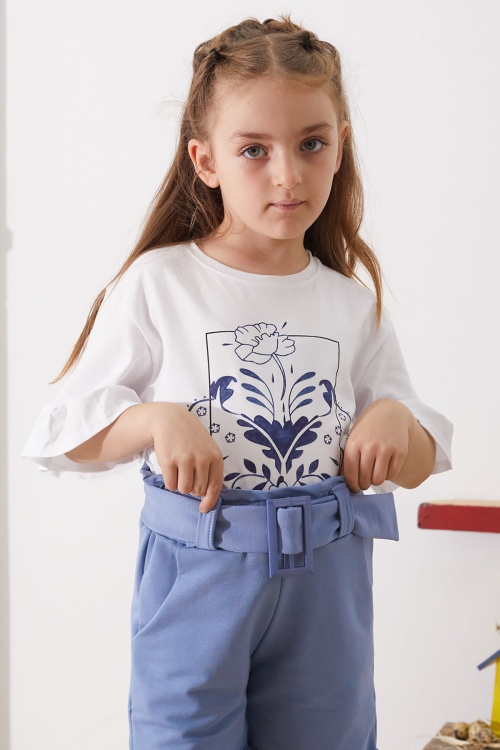 İndigo Çiçek Baskılı Kuşaklı Şortlu Kız Çocuk Takım 18898