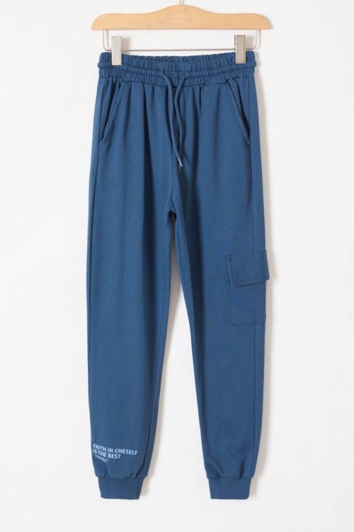 İndigo Yazı Baskılı Kapüşonlu Hırkalı Erkek Çocuk Eşofman Takımı 18573