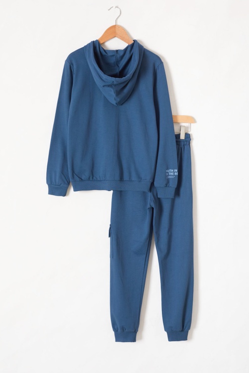 İndigo Yazı Baskılı Kapüşonlu Hırkalı Erkek Çocuk Eşofman Takımı 18573