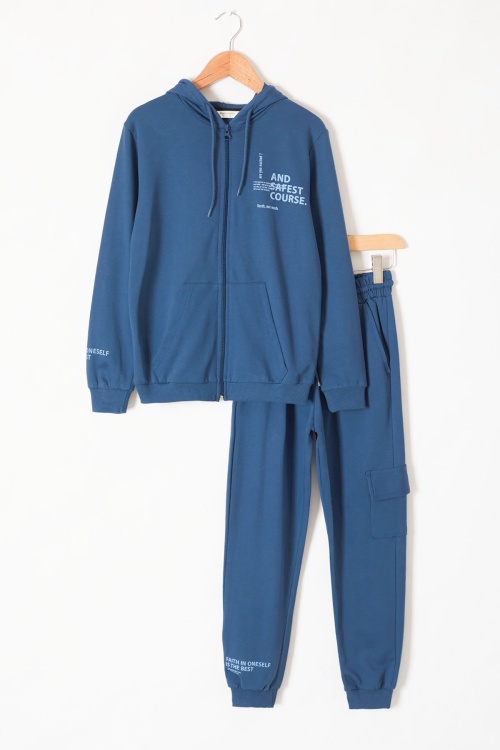 İndigo Yazı Baskılı Kapüşonlu Hırkalı Erkek Çocuk Eşofman Takımı 18573