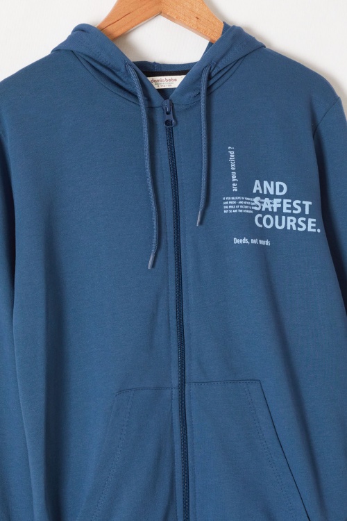 İndigo Yazı Baskılı Kapüşonlu Hırkalı Erkek Çocuk Eşofman Takımı 18573