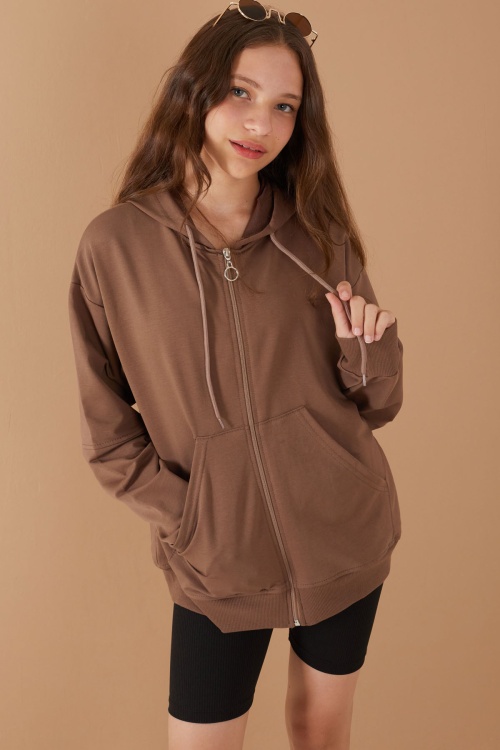 Kahverengi Kız Çocuk Kapüşonlu Okul Hırkası 19204