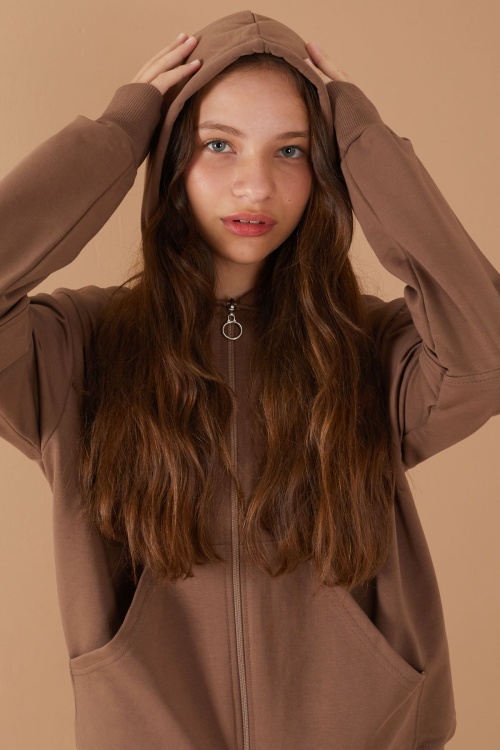 Kahverengi Kız Çocuk Kapüşonlu Okul Hırkası 19204