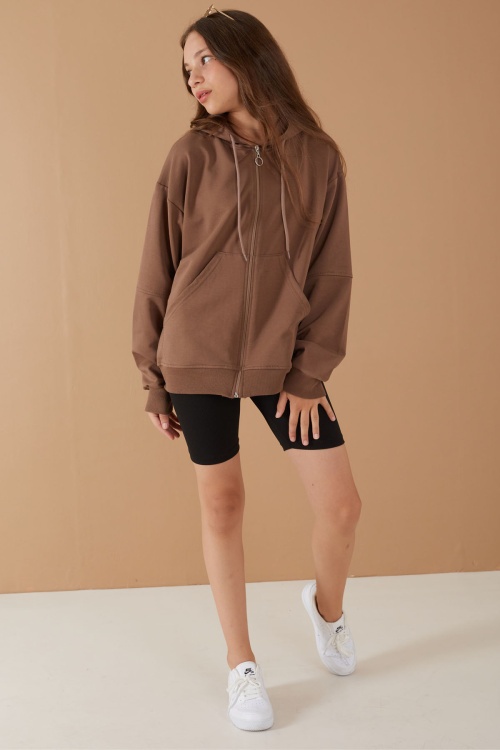 Kahverengi Kız Çocuk Kapüşonlu Okul Hırkası 19204