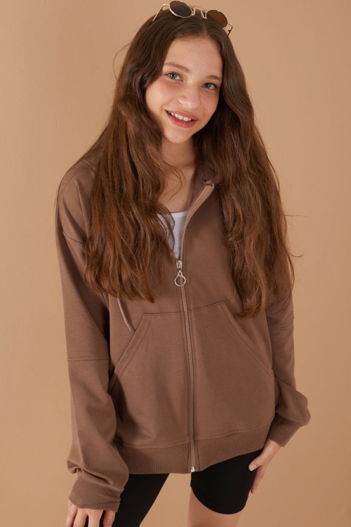 Kahverengi Kız Çocuk Kapüşonlu Okul Hırkası 19204