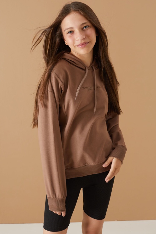 Kahve Kapüşonlu Kız Çocuk Sweatshirt 19304