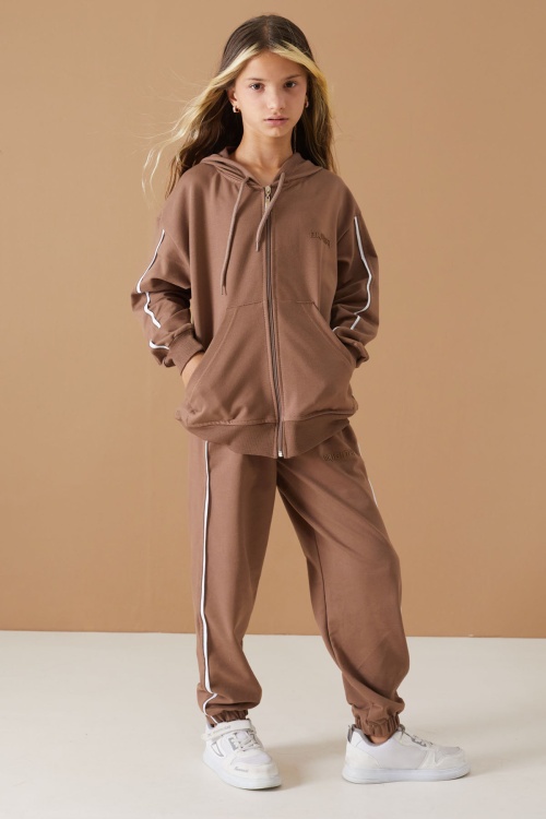 Kahve Original Yazılı Hırkalı Kız Çocuk Eşofman Takımı 19487