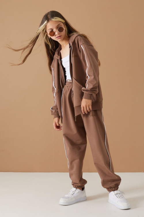 Kahve Original Yazılı Hırkalı Kız Çocuk Eşofman Takımı 19487