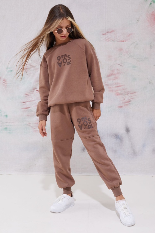 Kahve Yazı Baskılı Bisiklet Yaka Kız Çocuk Şardonlu Eşofman Takımı 19345