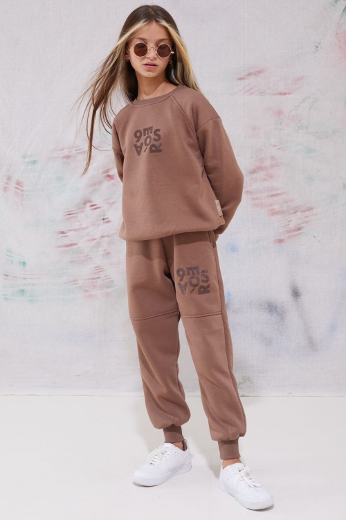 Kahve Yazı Baskılı Bisiklet Yaka Kız Çocuk Şardonlu Eşofman Takımı 19345