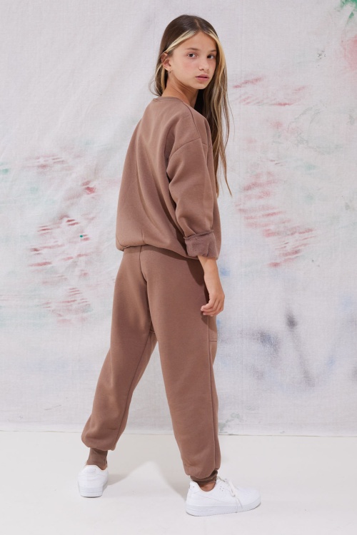 Kahve Yazı Baskılı Bisiklet Yaka Kız Çocuk Şardonlu Eşofman Takımı 19345