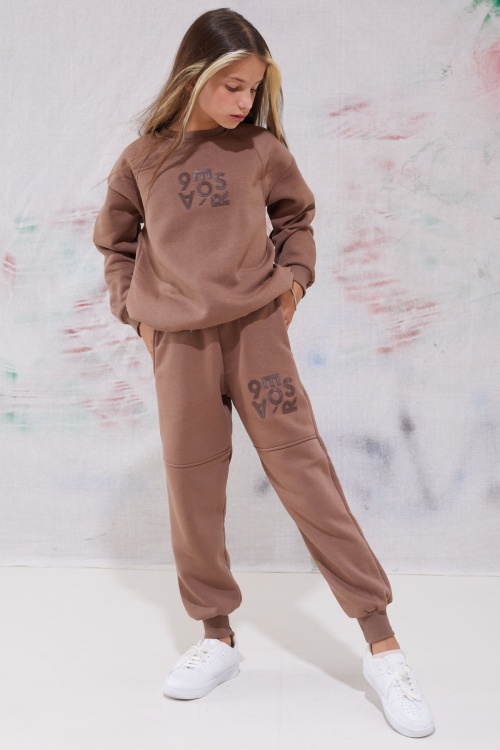 Kahve Yazı Baskılı Bisiklet Yaka Kız Çocuk Şardonlu Eşofman Takımı 19345