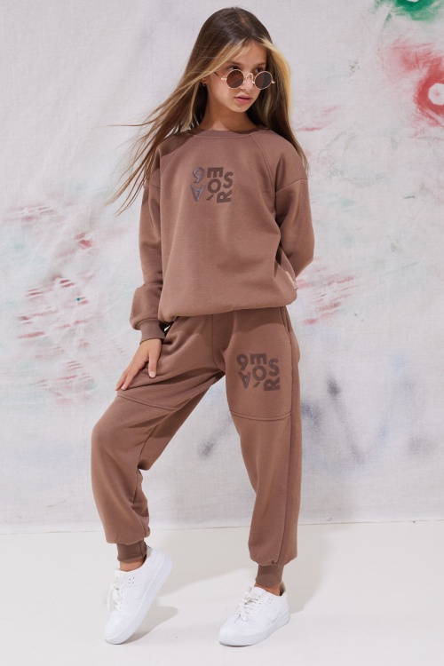 Kahve Yazı Baskılı Bisiklet Yaka Kız Çocuk Şardonlu Eşofman Takımı 19345