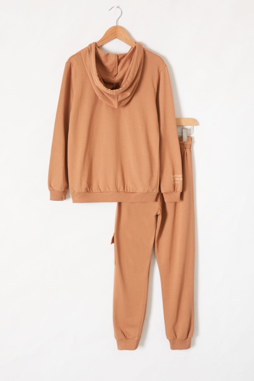 Kahve Yazı Baskılı Kapüşonlu Hırkalı Erkek Çocuk Eşofman Takımı 18561