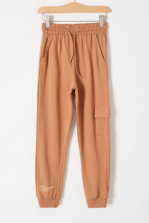 Kahve Yazı Baskılı Kapüşonlu Hırkalı Erkek Çocuk Eşofman Takımı 18561