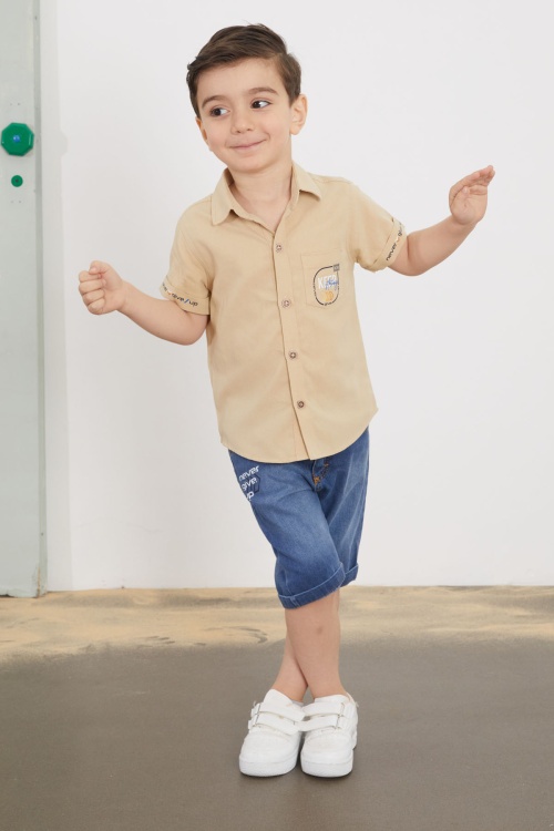 Kahve Yazılı Kısa Kol Gömlekli Jean Şortlu Erkek Çocuk Takım 18760