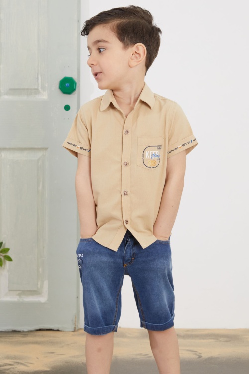 Kahve Yazılı Kısa Kol Gömlekli Jean Şortlu Erkek Çocuk Takım 18760