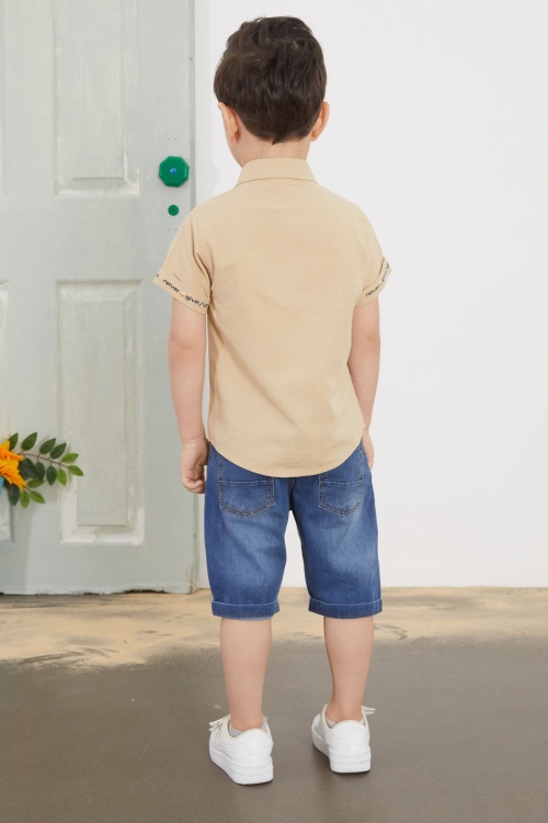 Kahve Yazılı Kısa Kol Gömlekli Jean Şortlu Erkek Çocuk Takım 18760