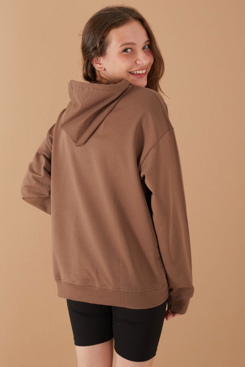 Kahverengi Baskılı Kız Çocuk Şeritli Kapüşonlu Sweatshirt 19221