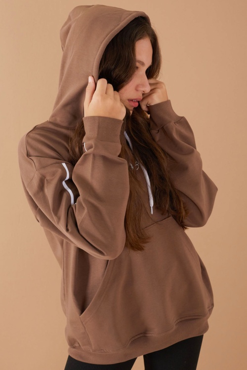 Kahverengi Baskılı Kız Çocuk Şeritli Kapüşonlu Sweatshirt 19221