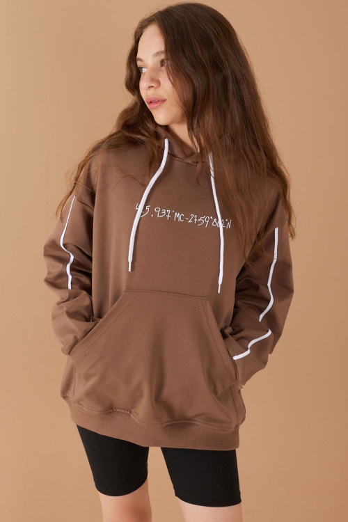 Kahverengi Baskılı Kız Çocuk Şeritli Kapüşonlu Sweatshirt 19221