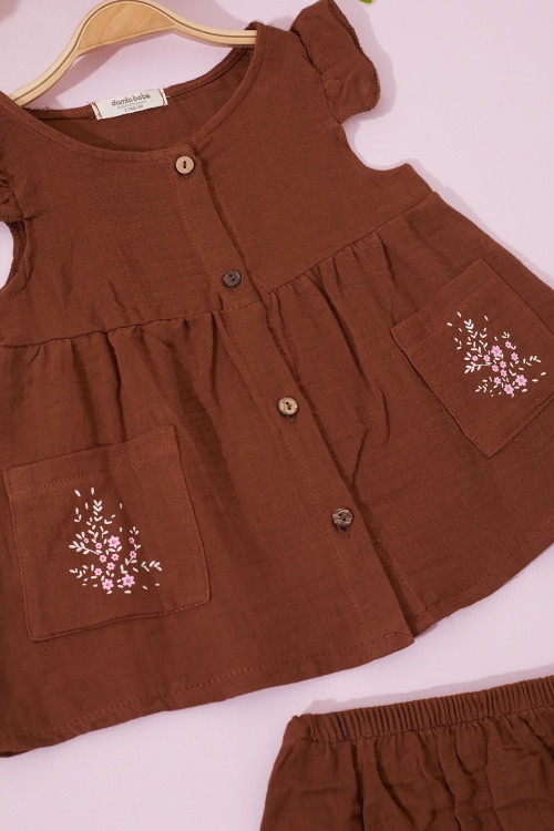 Kahverengi Çiçek Baskılı Düğmeli Kız Bebek Elbise Külotlu 18828