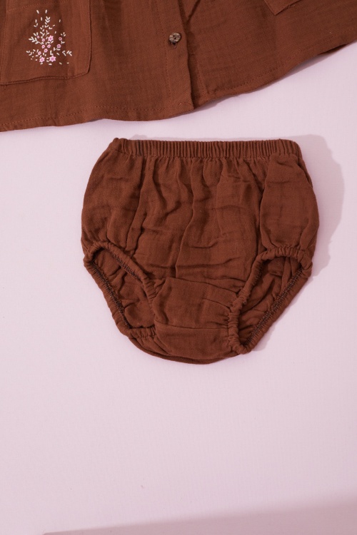 Kahverengi Çiçek Baskılı Düğmeli Kız Bebek Elbise Külotlu 18828