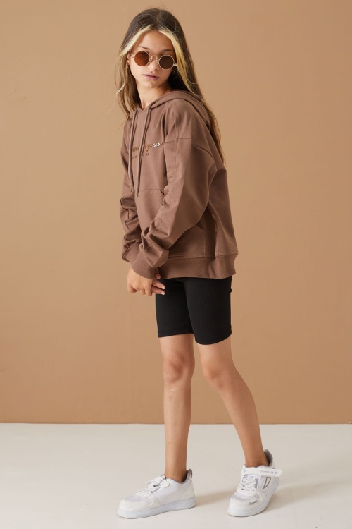 Kahverengi Göğüs Yazılı Kanguru Cepli Kapüşonlu Kız Çocuk Sweatshirt 19338