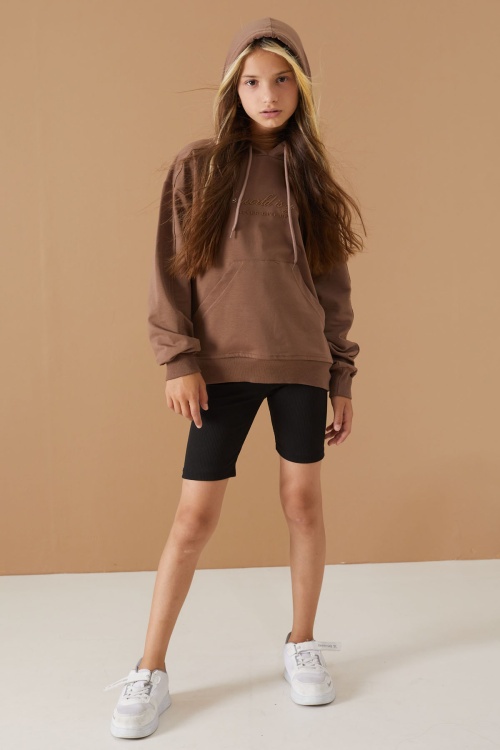Kahverengi Göğüs Yazılı Kanguru Cepli Kapüşonlu Kız Çocuk Sweatshirt 19338