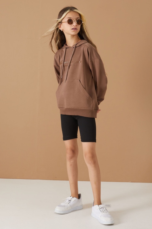 Kahverengi Göğüs Yazılı Kanguru Cepli Kapüşonlu Kız Çocuk Sweatshirt 19338