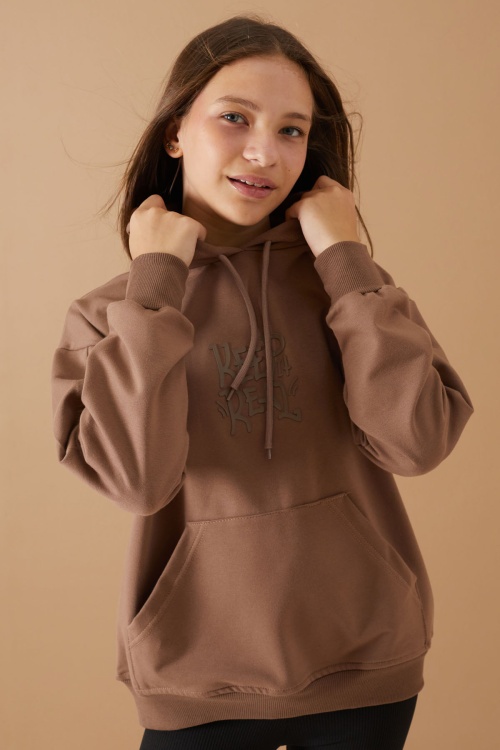 Kahverengi Keep Read Baskılı Kız Çocuk Kapüşonlu Sweatshirt 19358