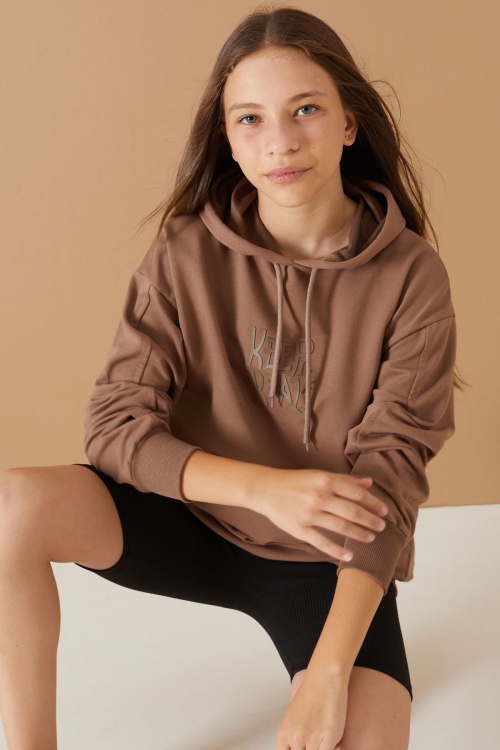 Kahverengi Keep Read Baskılı Kız Çocuk Kapüşonlu Sweatshirt 19358