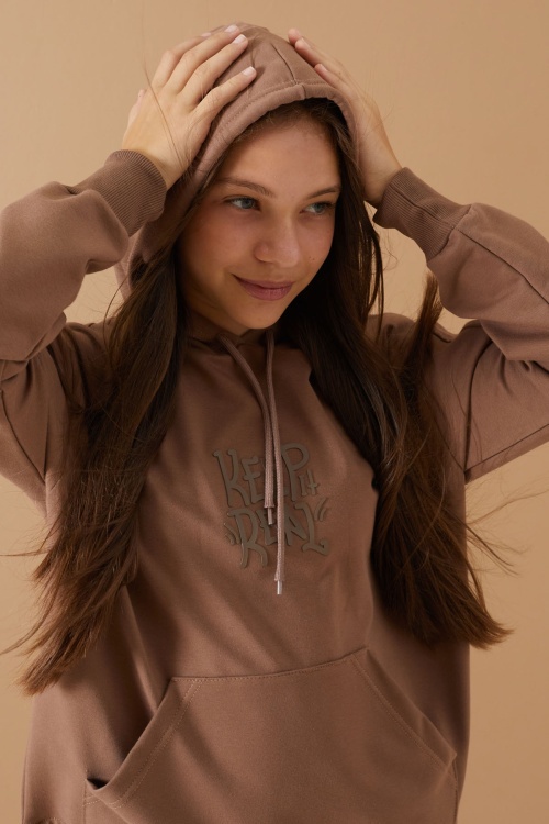 Kahverengi Keep Read Baskılı Kız Çocuk Kapüşonlu Sweatshirt 19358