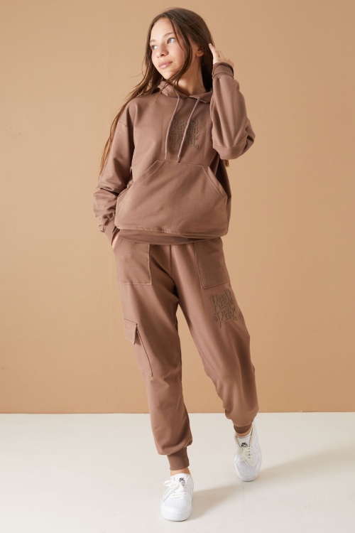 Kahverengi Keep Read Yazılı Kız Çocuk Kapüşonlu Takım 19311