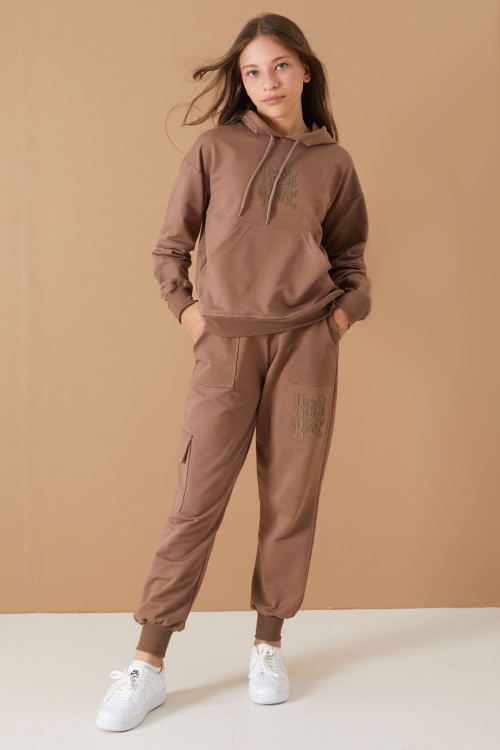 Kahverengi Keep Read Yazılı Kız Çocuk Kapüşonlu Takım 19311