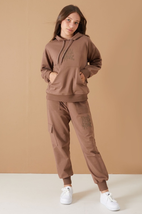 Kahverengi Keep Read Yazılı Kız Çocuk Kapüşonlu Takım 19311