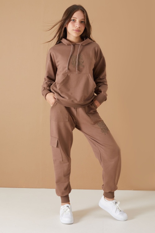 Kahverengi Keep Read Yazılı Kız Çocuk Kapüşonlu Takım 19311
