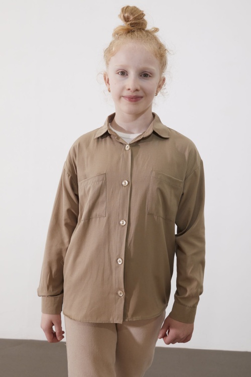 Kahverengi Kız Çocuk Düğmeli Klasik Gömlek 18986