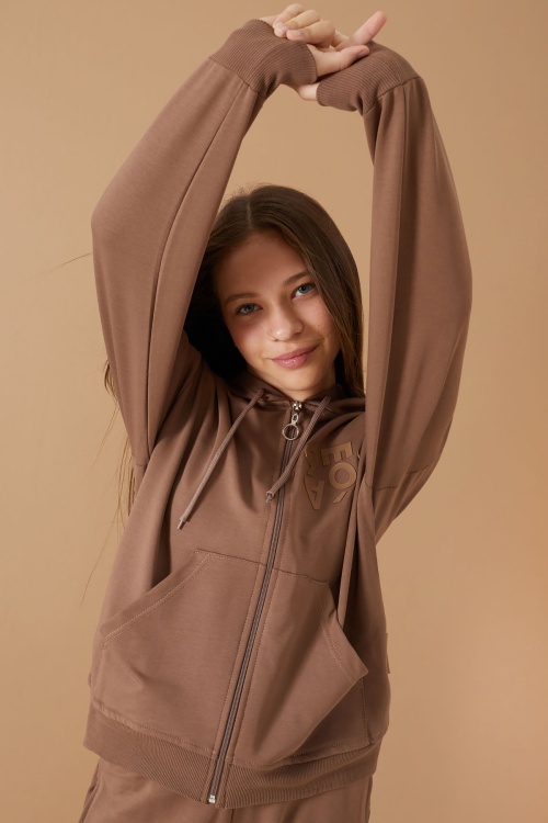 Kahverengi Yazı Baskılı Kapüşonlu Hırkalı Kız Eşofman Takımı 19224