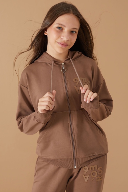Kahverengi Yazı Baskılı Kapüşonlu Hırkalı Kız Eşofman Takımı 19224