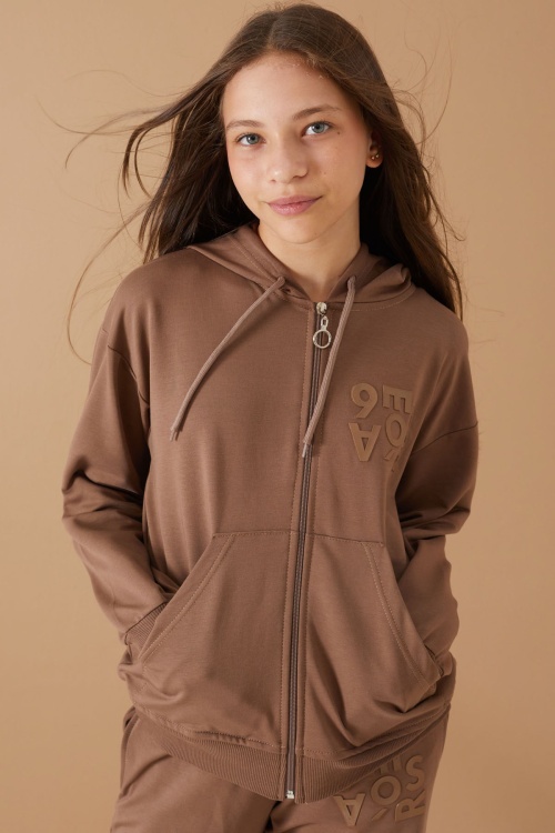 Kahverengi Yazı Baskılı Kapüşonlu Hırkalı Kız Eşofman Takımı 19224