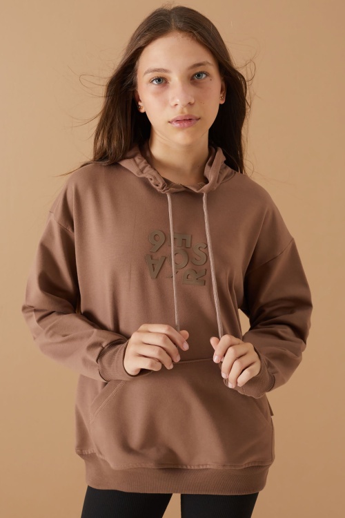 Kahverengi Yazı Kabartma Baskılı Kapüşonlu Kız Çocuk Sweatshirt 19310