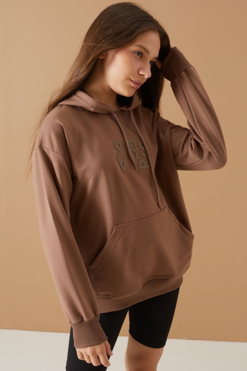 Kahverengi Yazı Kabartma Baskılı Kapüşonlu Kız Çocuk Sweatshirt 19310