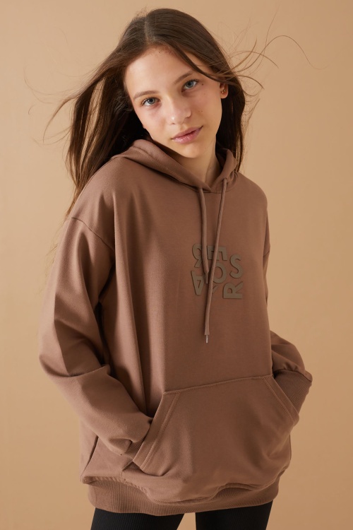 Kahverengi Yazı Kabartma Baskılı Kapüşonlu Kız Çocuk Sweatshirt 19310