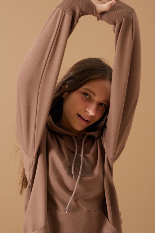 Kahverengi Yazı Kabartma Baskılı Kapüşonlu Kız Çocuk Sweatshirt 19310