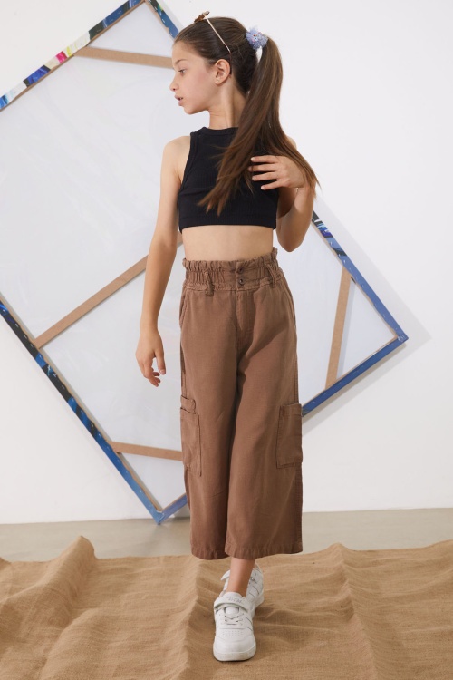 Kahverengi Yüksek Bel Armürlü Kız Çocuk Pantolon 18940