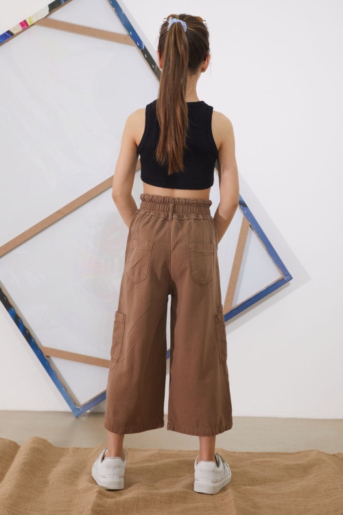 Kahverengi Yüksek Bel Armürlü Kız Çocuk Pantolon 18940